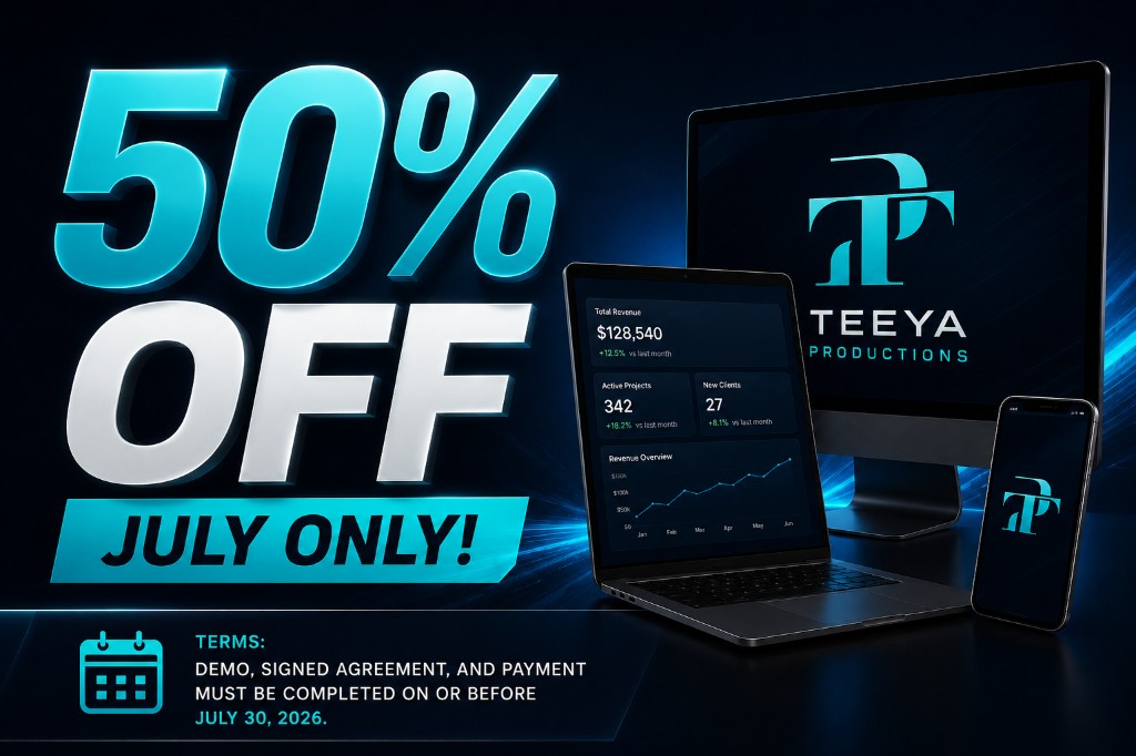 50% off — July only. Terms: demo, signed agreement, and payment must be completed on or before July 30, 2026.